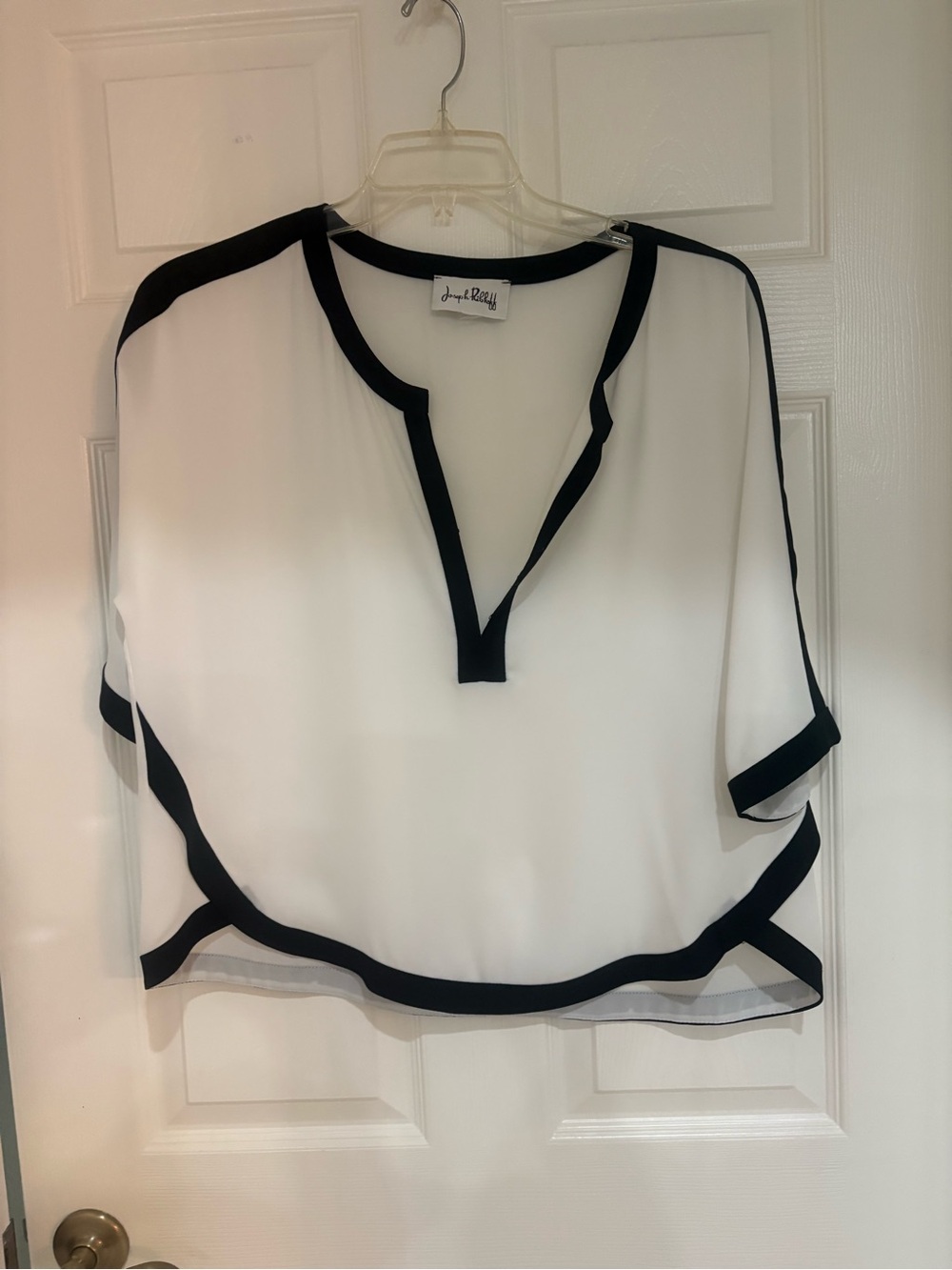 Joseph Ribkoff Black White Sheer Blouse Contrast Trim Dolman Sleeve